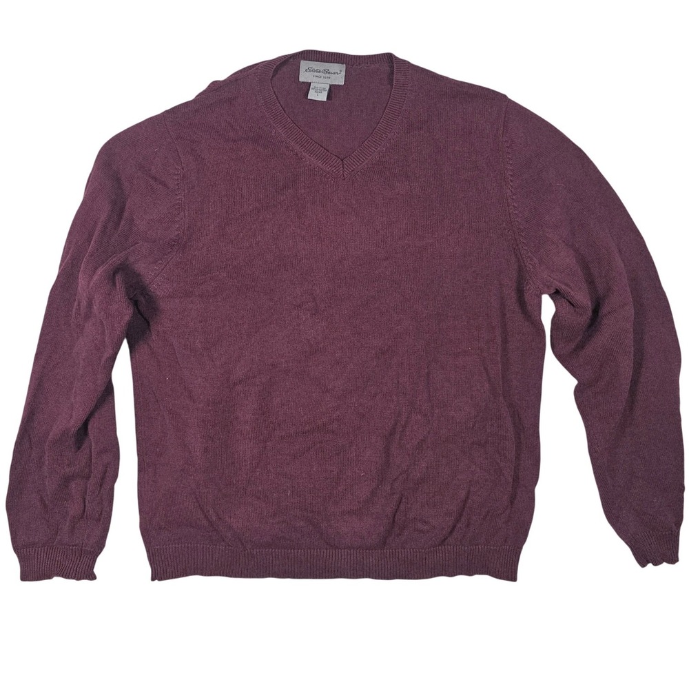 Eddie Bauer Mens Large V-Neck Sweater Burgundy Plum 100% Cotton Long Sleeve Knit